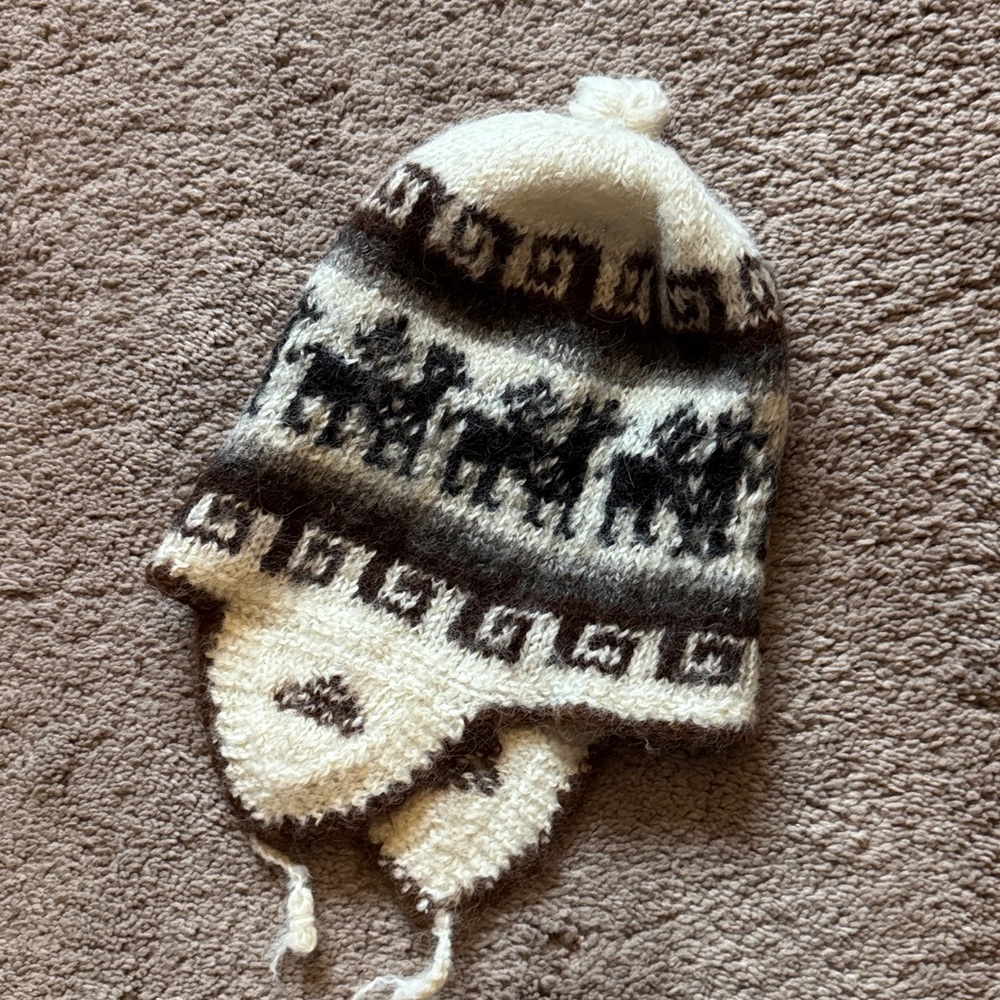 Cozy White and Brown Alpaca Handmade Knit Peruvian Design Hat